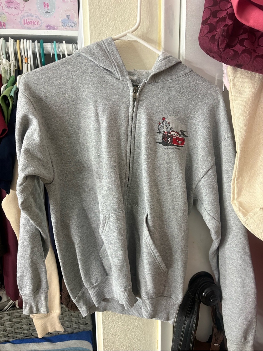 Hanes Gray Zip-Up Hoodie with Red Racing Car Graphic